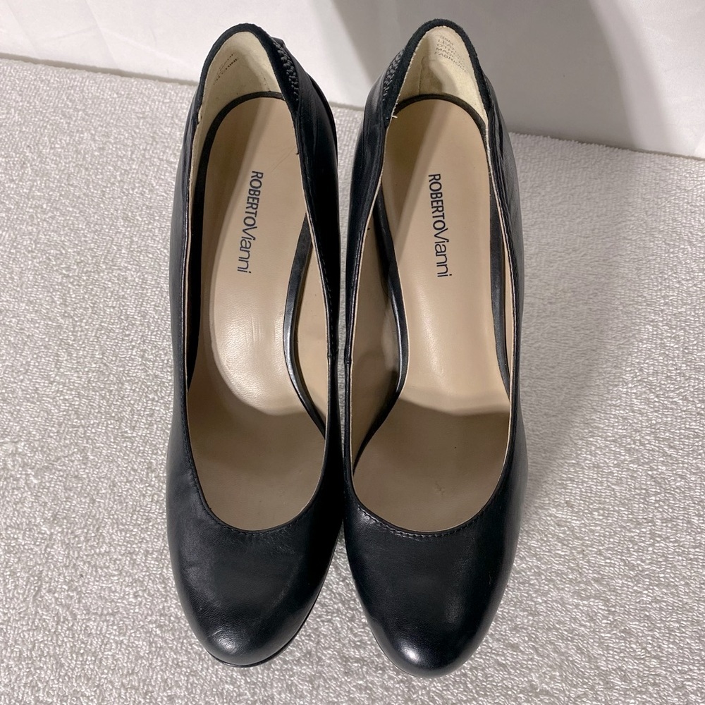 Roberto Vianni Blk Leather Round Toe Platform Heels 39 Corporate Siren Mob Wife - Picture 2 of 14